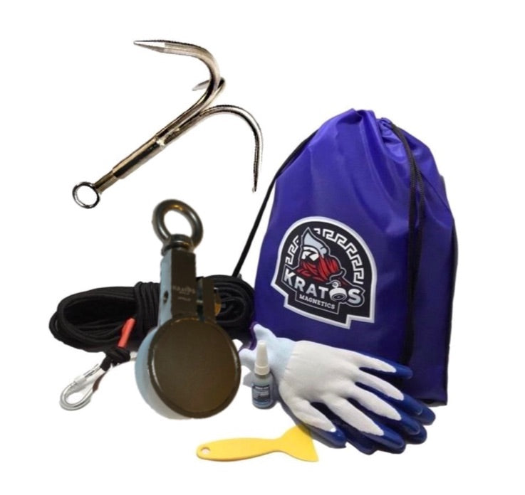 1,400 Pounds Combined Pull-Force - The Kratos Magnetics Helios 360 Classic  Magnet Fishing Kit - Gloves, Rope, 1 Carabiner, Hook, Kratos Bag